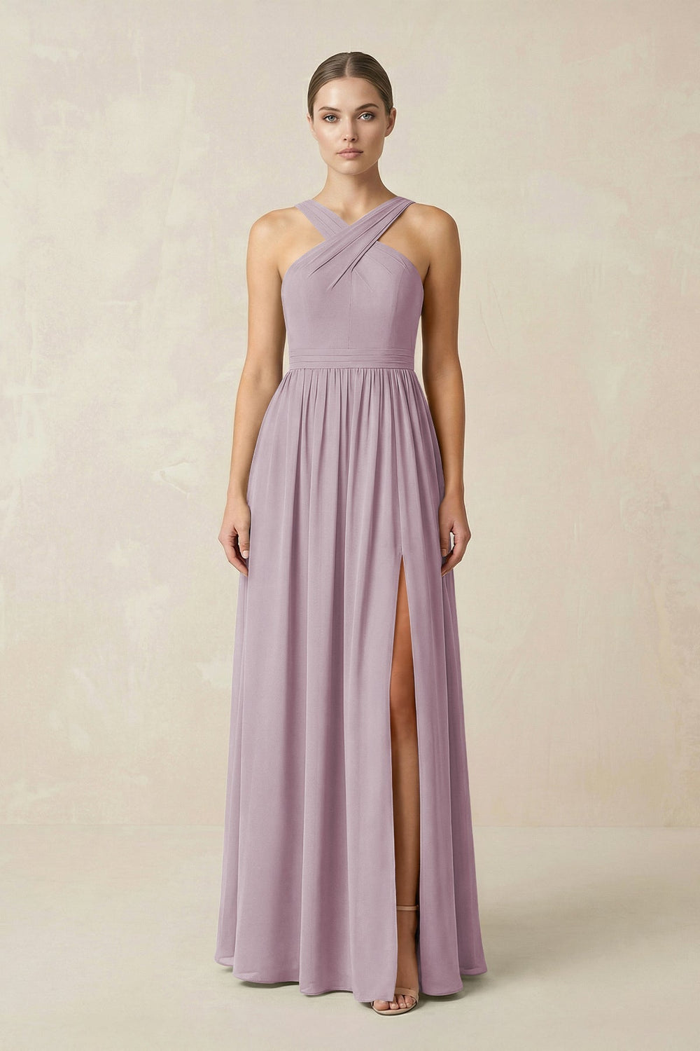 Cross Halter Neck Chiffon A-Line Bridesmaid Dress With Slit in Dusk - KISS BRIDAL BRIDESMAID DRESSES