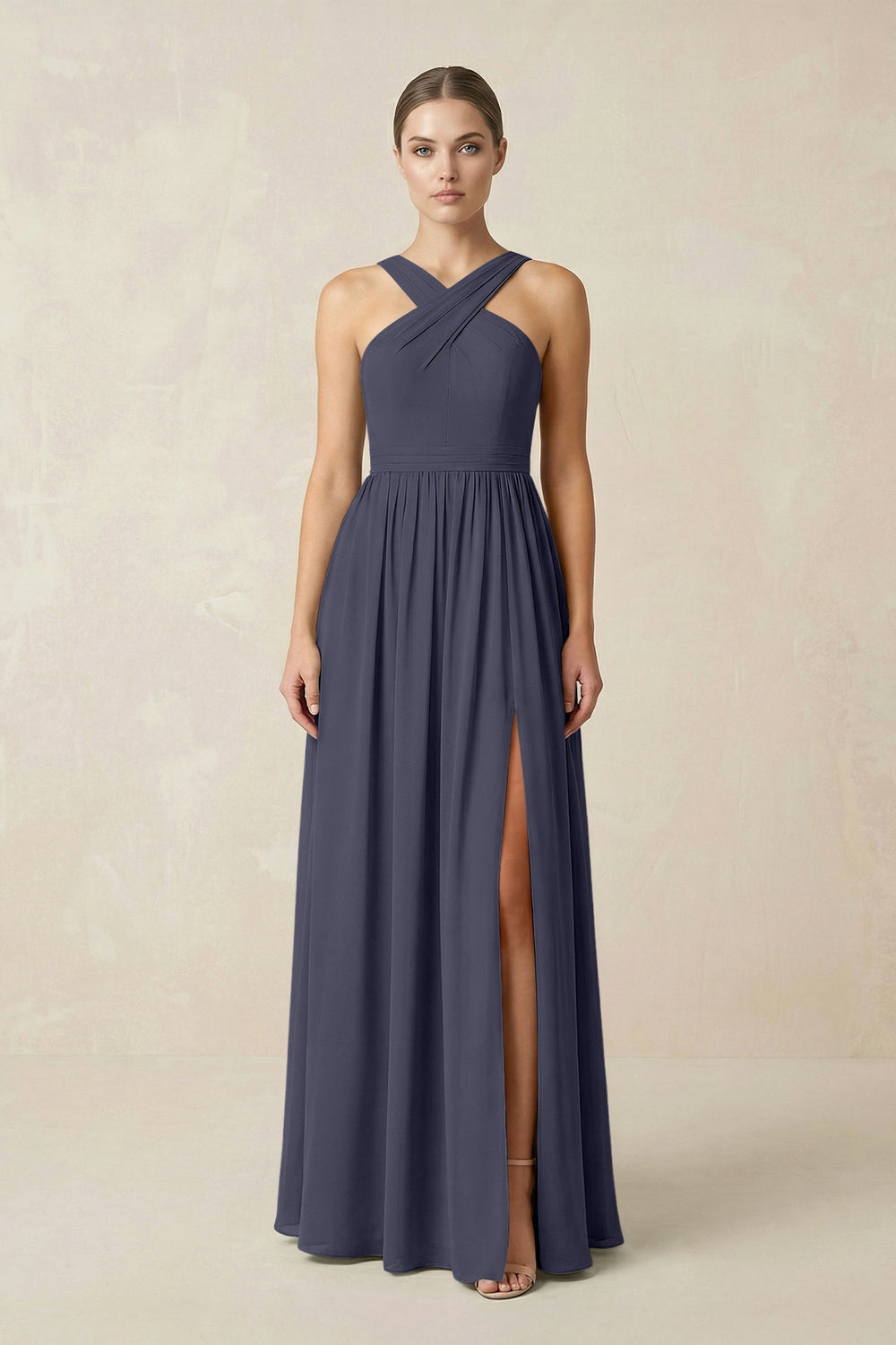 Cross Halter Neck Chiffon A-Line Bridesmaid Dress With Slit in Dusk Blue - KISS BRIDAL BRIDESMAID DRESSES