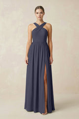 Cross Halter Neck Chiffon A-Line Bridesmaid Dress With Slit in Dusk Blue - KISS BRIDAL BRIDESMAID DRESSES