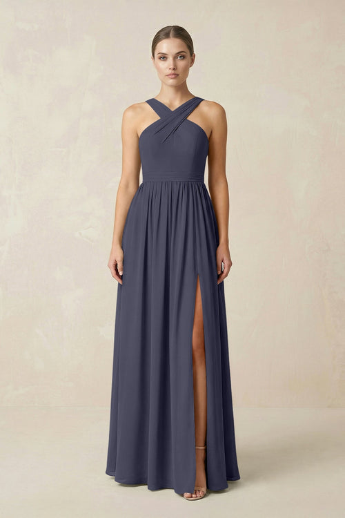 Cross Halter Neck Chiffon A-Line Bridesmaid Dress With Slit in Dusk Blue - SHE IS ME BRIDESMAID DRESSES