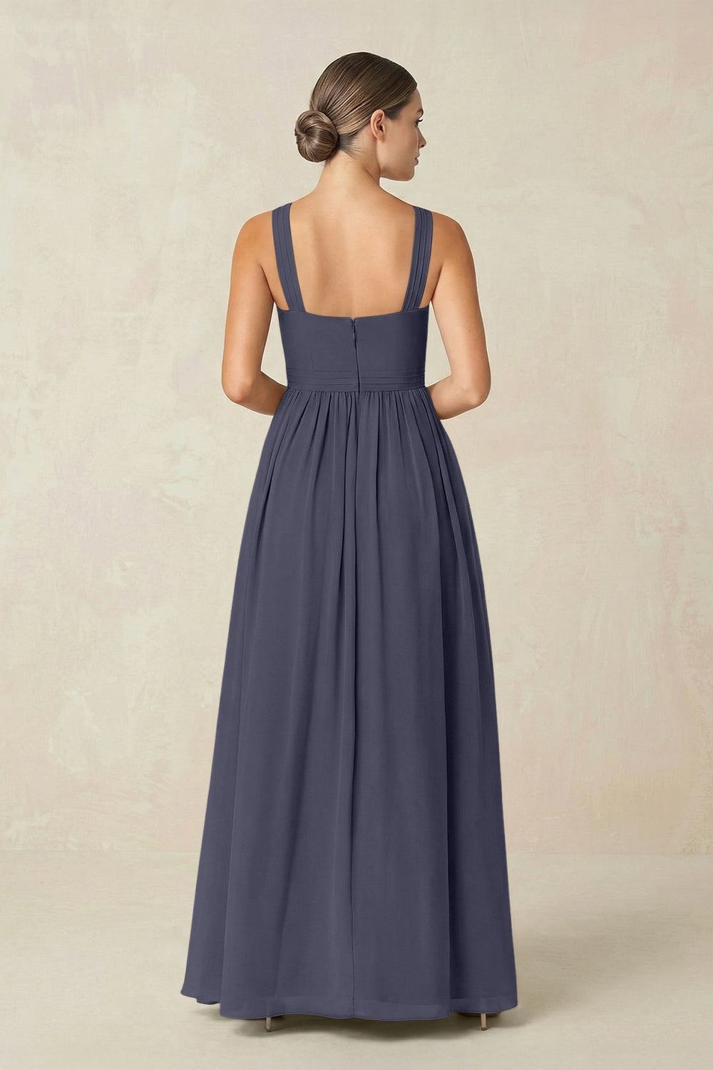 Cross Halter Neck Chiffon A-Line Bridesmaid Dress With Slit in Dusk Blue - KISS BRIDAL BRIDESMAID DRESSES