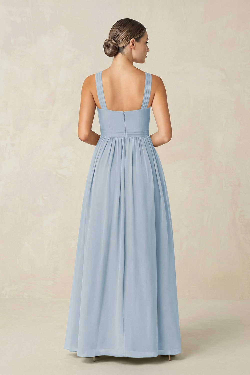 Cross Halter Neck Chiffon A-Line Bridesmaid Dress With Slit in Dusty Blue - KISS BRIDAL BRIDESMAID DRESSES