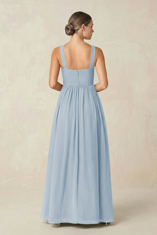 Cross Halter Neck Chiffon A-Line Bridesmaid Dress With Slit in Dusty Blue - SHE IS ME BRIDESMAID DRESSES