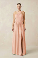 Cross Halter Neck Chiffon A-Line Bridesmaid Dress With Slit in English Rose - SHE IS ME BRIDESMAID DRESSES