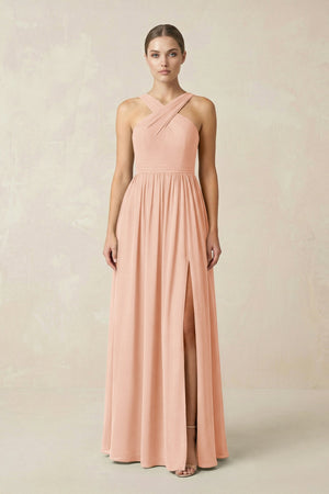 Cross Halter Neck Chiffon A-Line Bridesmaid Dress With Slit in English Rose - SHE IS ME BRIDESMAID DRESSES