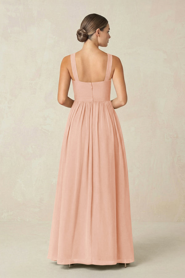 Cross Halter Neck Chiffon A-Line Bridesmaid Dress With Slit in English Rose - SHE IS ME BRIDESMAID DRESSES