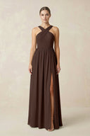 Cross Halter Neck Chiffon A-Line Bridesmaid Dress With Slit in Espresso - SHE IS ME BRIDESMAID DRESSES