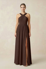Cross Halter Neck Chiffon A-Line Bridesmaid Dress With Slit in Espresso - KISS BRIDAL BRIDESMAID DRESSES