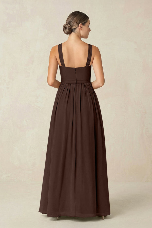 Cross Halter Neck Chiffon A-Line Bridesmaid Dress With Slit in Espresso - SHE IS ME BRIDESMAID DRESSES