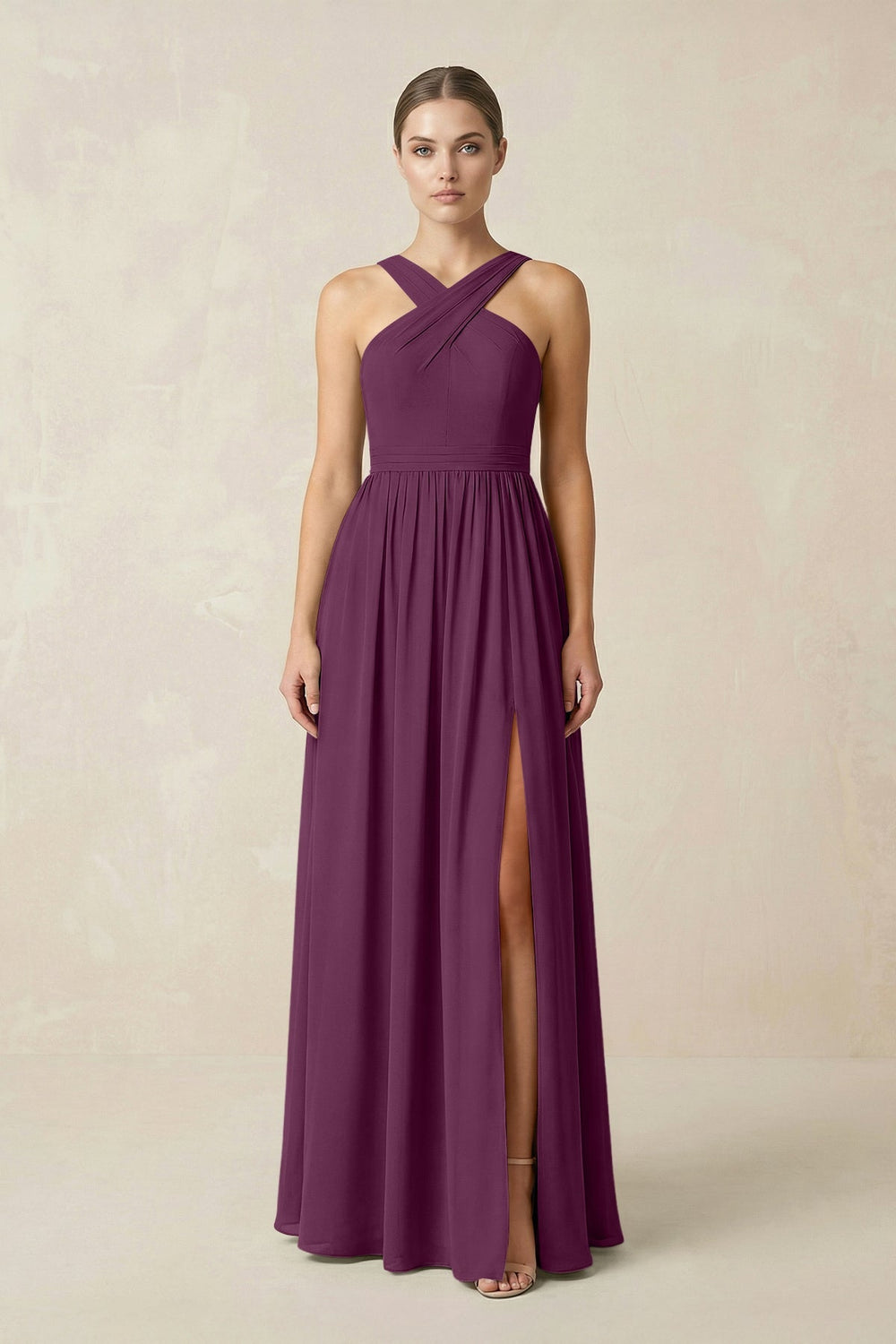 Cross Halter Neck Chiffon A-Line Bridesmaid Dress With Slit in Fig - KISS BRIDAL BRIDESMAID DRESSES