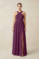 Cross Halter Neck Chiffon A-Line Bridesmaid Dress With Slit in Fig - SHE IS ME BRIDESMAID DRESSES