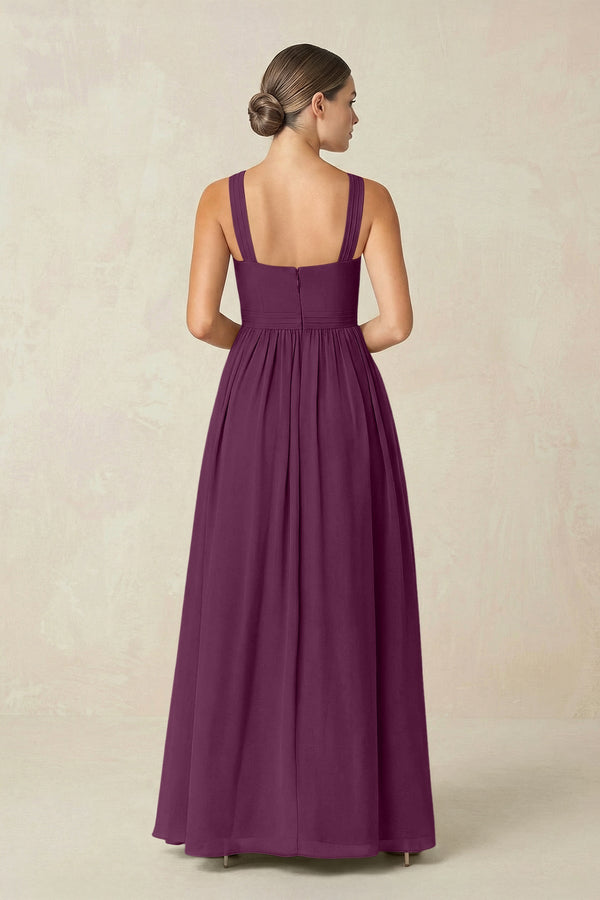 Cross Halter Neck Chiffon A-Line Bridesmaid Dress With Slit in Fig - SHE IS ME BRIDESMAID DRESSES