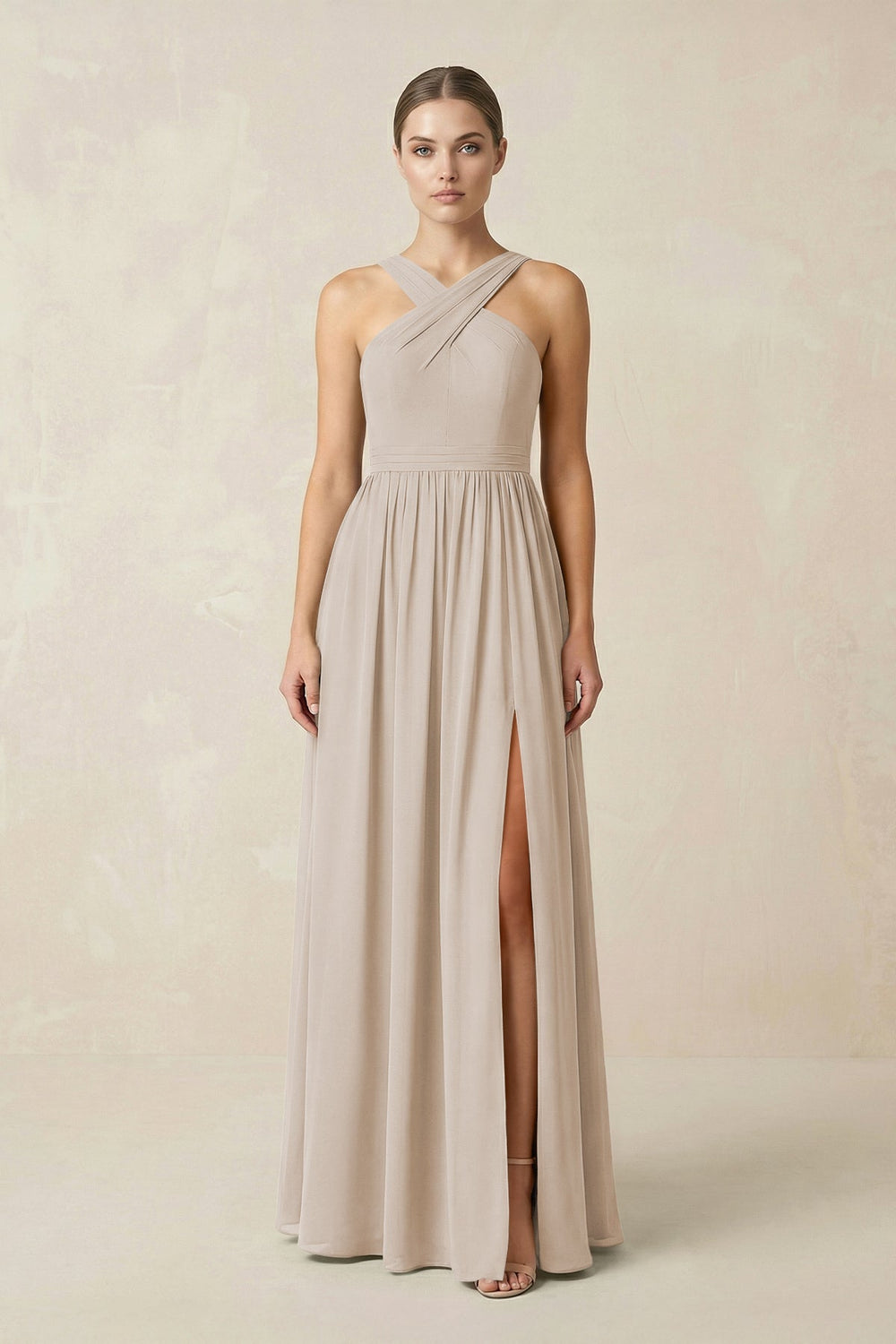 Cross Halter Neck Chiffon A-Line Bridesmaid Dress With Slit in Frost - KISS BRIDAL BRIDESMAID DRESSES