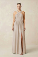 Cross Halter Neck Chiffon A-Line Bridesmaid Dress With Slit in Frost - SHE IS ME BRIDESMAID DRESSES