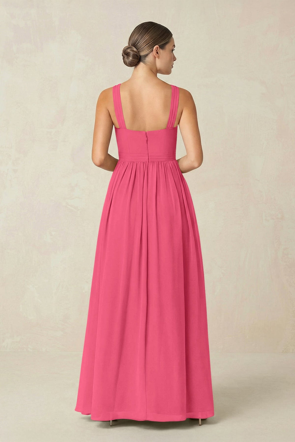 Cross Halter Neck Chiffon A-Line Bridesmaid Dress With Slit in Fuchsia - KISS BRIDAL BRIDESMAID DRESSES