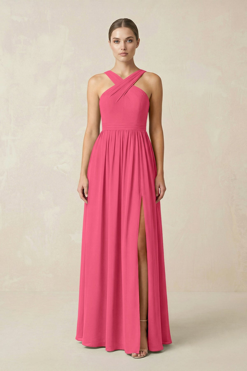 Cross Halter Neck Chiffon A-Line Bridesmaid Dress With Slit in Fuchsia - KISS BRIDAL BRIDESMAID DRESSES