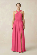 Cross Halter Neck Chiffon A-Line Bridesmaid Dress With Slit in Fuchsia - SHE IS ME BRIDESMAID DRESSES