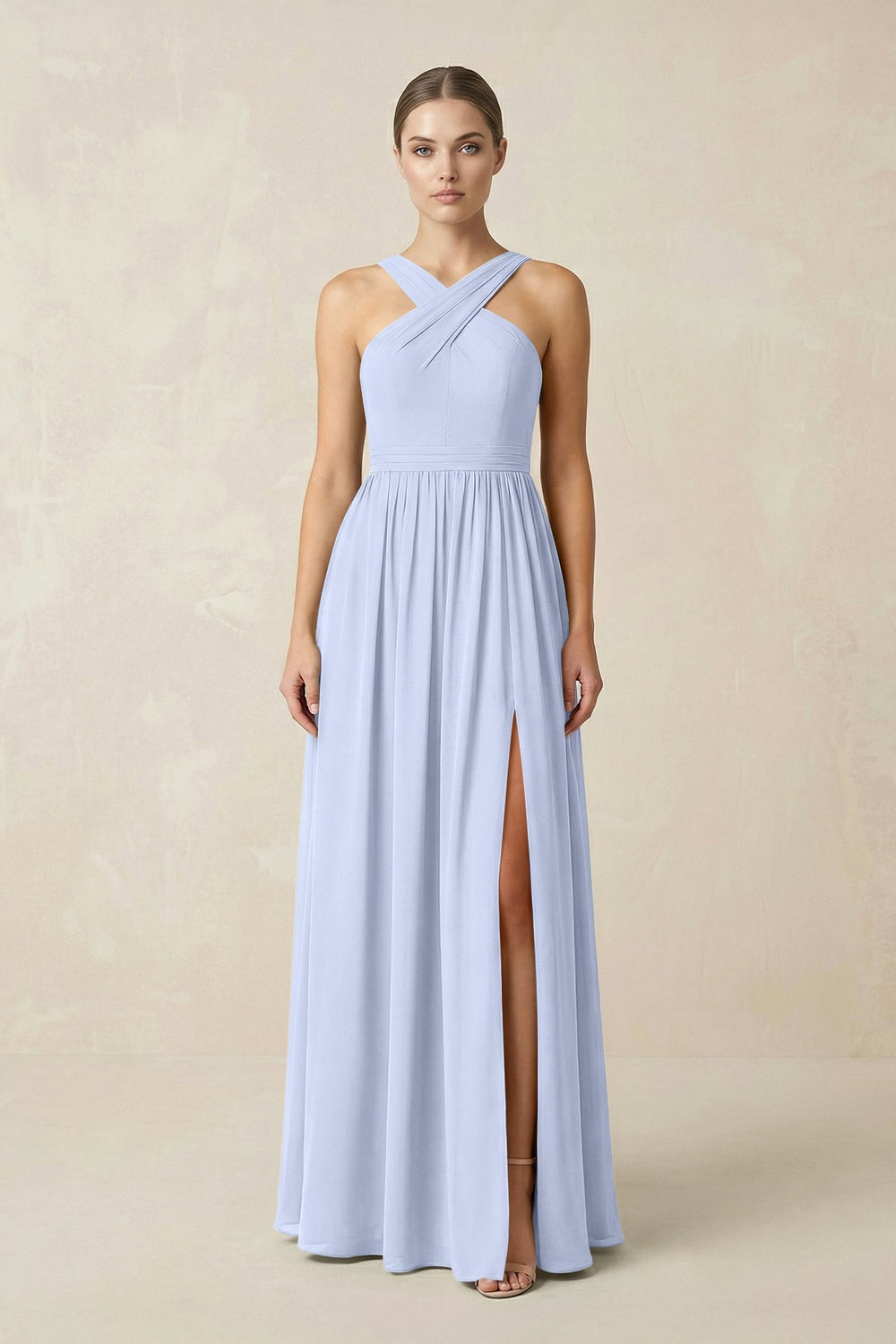 Cross Halter Neck Chiffon A-Line Bridesmaid Dress With Slit in Ice - KISS BRIDAL BRIDESMAID DRESSES