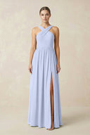 Cross Halter Neck Chiffon A-Line Bridesmaid Dress With Slit in Ice - SHE IS ME BRIDESMAID DRESSES