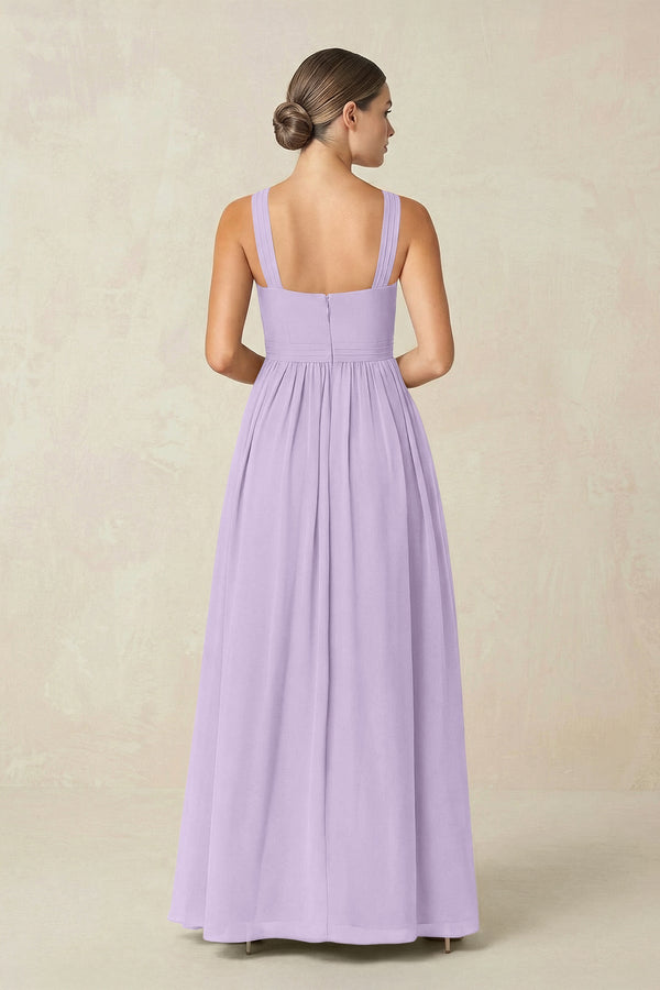 Cross Halter Neck Chiffon A-Line Bridesmaid Dress With Slit in Lavender - SHE IS ME BRIDESMAID DRESSES