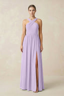 Cross Halter Neck Chiffon A-Line Bridesmaid Dress With Slit in Lavender - SHE IS ME BRIDESMAID DRESSES