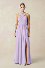 Cross Halter Neck Chiffon A-Line Bridesmaid Dress With Slit in Lavender - KISS BRIDAL BRIDESMAID DRESSES