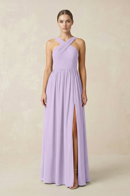 Cross Halter Neck Chiffon A-Line Bridesmaid Dress With Slit in Lavender - SHE IS ME BRIDESMAID DRESSES