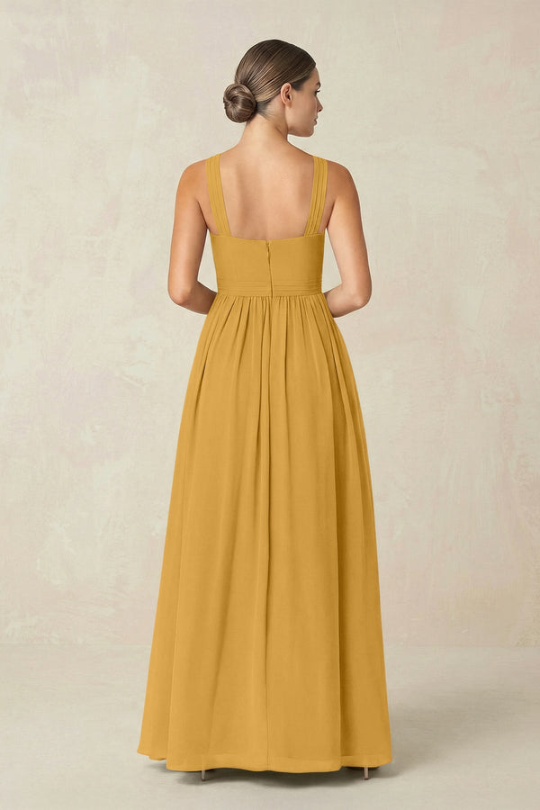 Cross Halter Neck Chiffon A-Line Bridesmaid Dress With Slit in Marigold - SHE IS ME BRIDESMAID DRESSES