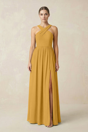 Cross Halter Neck Chiffon A-Line Bridesmaid Dress With Slit in Marigold - SHE IS ME BRIDESMAID DRESSES