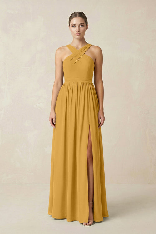 Cross Halter Neck Chiffon A-Line Bridesmaid Dress With Slit in Marigold - SHE IS ME BRIDESMAID DRESSES