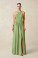 Cross Halter Neck Chiffon A-Line Bridesmaid Dress With Slit in Matcha - SHE IS ME BRIDESMAID DRESSES