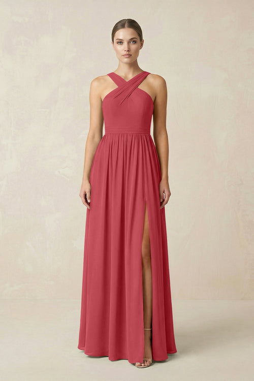 Cross Halter Neck Chiffon A-Line Bridesmaid Dress With Slit in Merlot - SHE IS ME BRIDESMAID DRESSES
