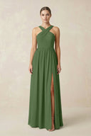 Cross Halter Neck Chiffon A-Line Bridesmaid Dress With Slit in Moss - SHE IS ME BRIDESMAID DRESSES