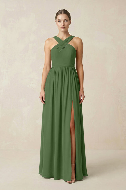 Cross Halter Neck Chiffon A-Line Bridesmaid Dress With Slit in Moss - SHE IS ME BRIDESMAID DRESSES