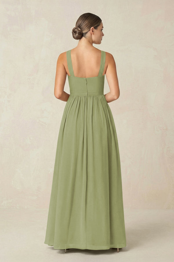 Cross Halter Neck Chiffon A-Line Bridesmaid Dress With Slit in Moss Green - SHE IS ME BRIDESMAID DRESSES