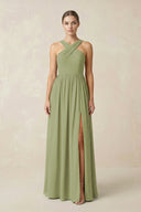Cross Halter Neck Chiffon A-Line Bridesmaid Dress With Slit in Moss Green - SHE IS ME BRIDESMAID DRESSES
