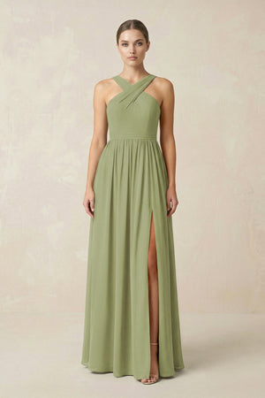 Cross Halter Neck Chiffon A-Line Bridesmaid Dress With Slit in Moss Green - SHE IS ME BRIDESMAID DRESSES