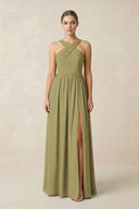 Cross Halter Neck Chiffon A-Line Bridesmaid Dress With Slit in Moss Green | KISSBRIDAL
