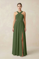 Cross Halter Neck Chiffon A-Line Bridesmaid Dress With Slit in Moss | KISSBRIDAL