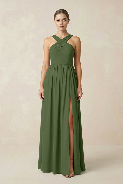 Cross Halter Neck Chiffon A-Line Bridesmaid Dress With Slit in Moss | KISSBRIDAL