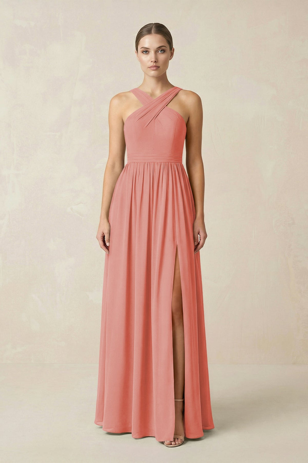 Cross Halter Neck Chiffon A-Line Bridesmaid Dress With Slit in Mulberry - KISS BRIDAL BRIDESMAID DRESSES