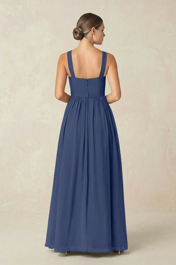 Cross Halter Neck Chiffon A-Line Bridesmaid Dress With Slit in Navy - SHE IS ME BRIDESMAID DRESSES