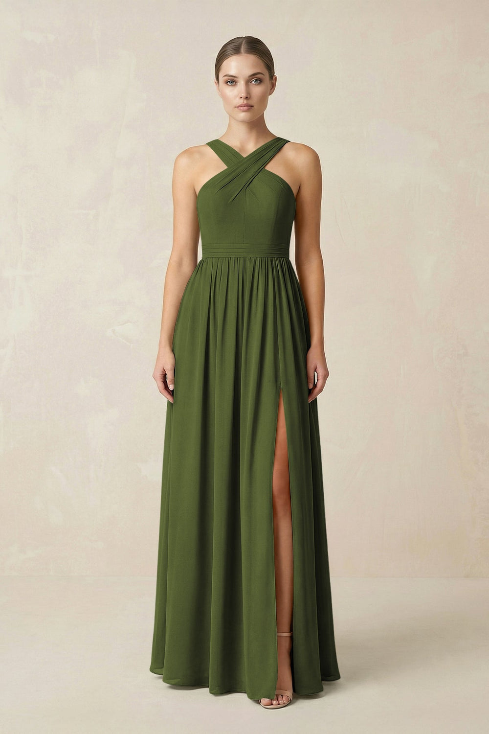 Cross Halter Neck Chiffon A-Line Bridesmaid Dress With Slit in Olive - KISS BRIDAL BRIDESMAID DRESSES