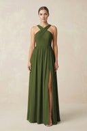 Cross Halter Neck Chiffon A-Line Bridesmaid Dress With Slit in Olive - SHE IS ME BRIDESMAID DRESSES