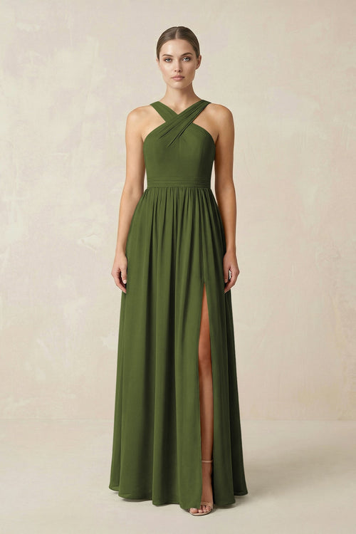 Cross Halter Neck Chiffon A-Line Bridesmaid Dress With Slit in Olive - SHE IS ME BRIDESMAID DRESSES