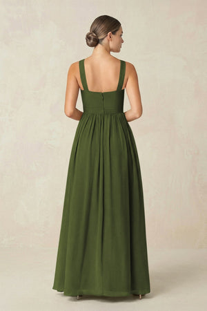 Cross Halter Neck Chiffon A-Line Bridesmaid Dress With Slit in Olive - SHE IS ME BRIDESMAID DRESSES