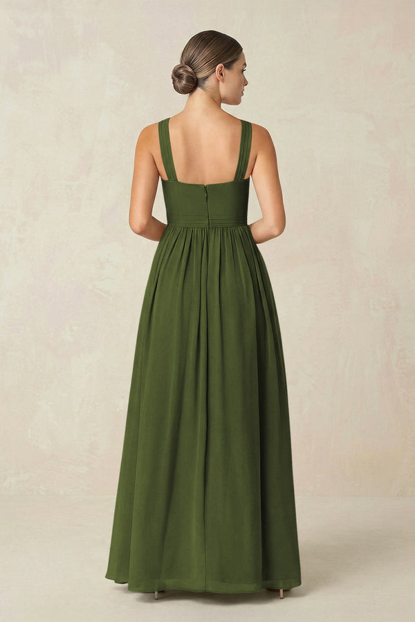 Cross Halter Neck Chiffon A-Line Bridesmaid Dress With Slit in Olive - SHE IS ME BRIDESMAID DRESSES