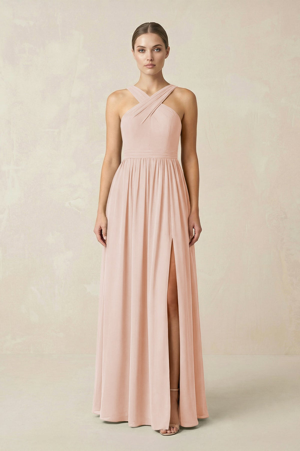 Cross Halter Neck Chiffon A-Line Bridesmaid Dress With Slit in Pale Blush - KISS BRIDAL BRIDESMAID DRESSES