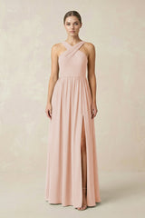 Cross Halter Neck Chiffon A-Line Bridesmaid Dress With Slit in Pale Blush - KISS BRIDAL BRIDESMAID DRESSES