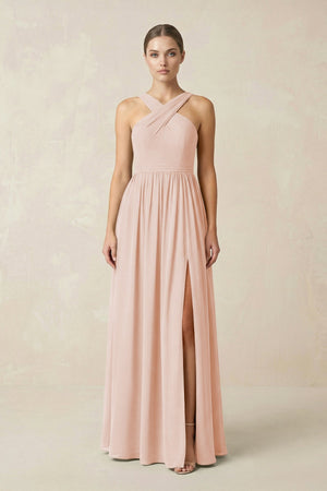 Cross Halter Neck Chiffon A-Line Bridesmaid Dress With Slit in Pale Blush - SHE IS ME BRIDESMAID DRESSES